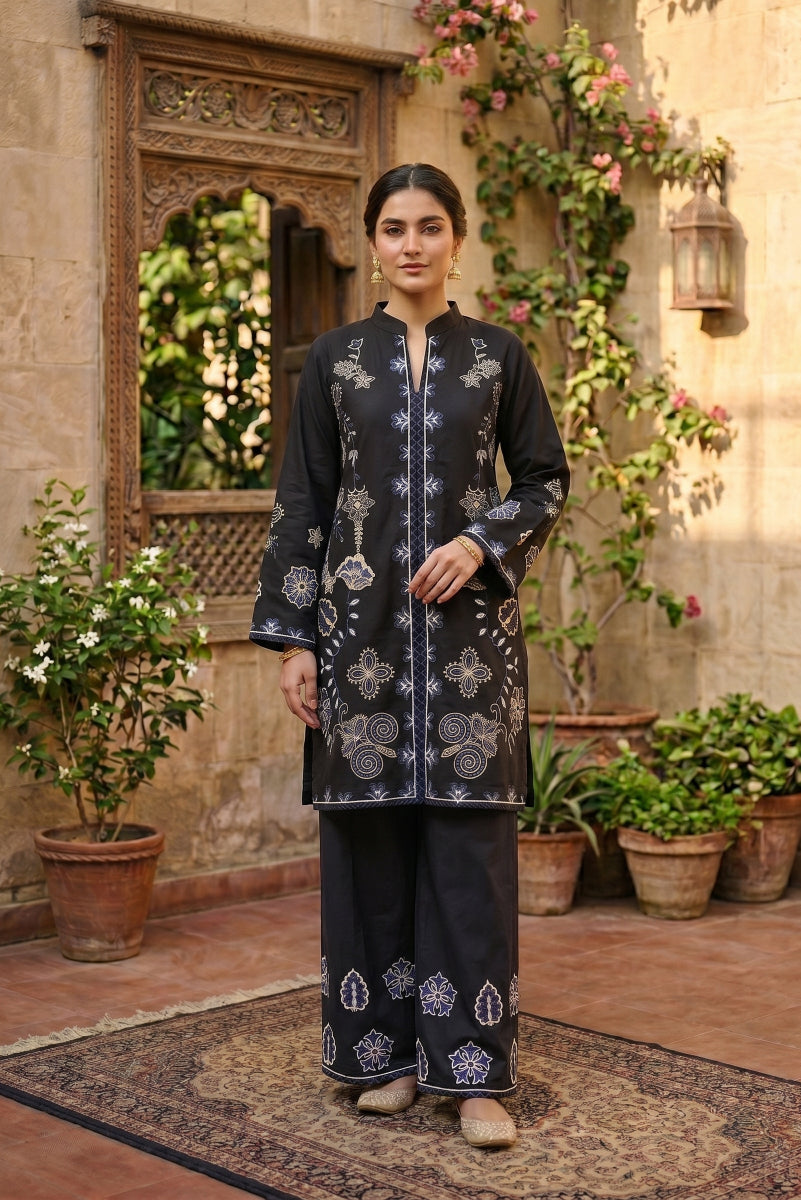 Pine 2 Pcs Embroidered Lawn Co-ards Set | Obsidian Midnight