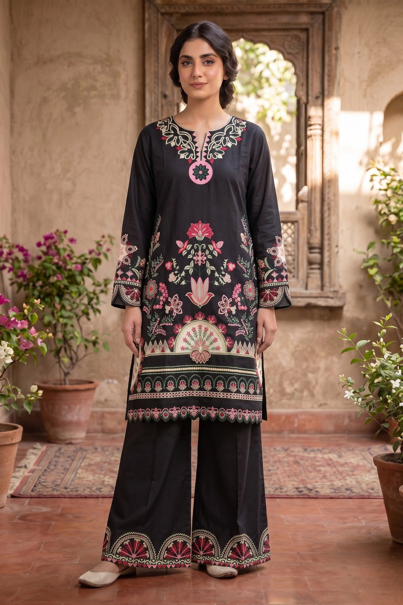 Aplic 2 Pcs Embroidered Lawn Co-ards Set | Black