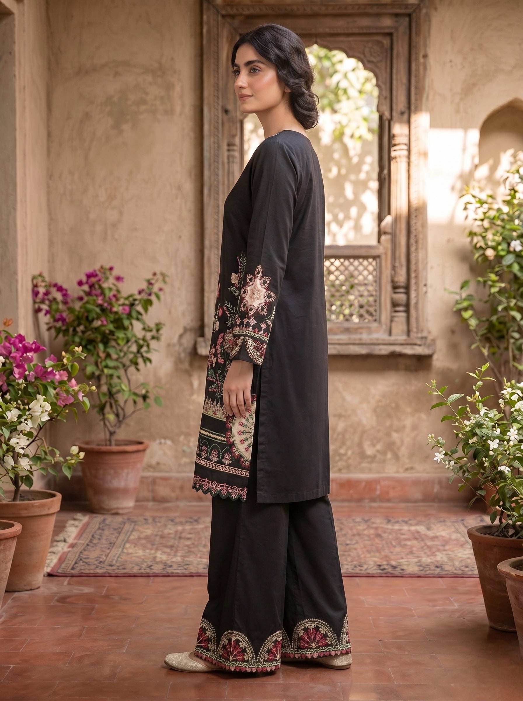 Aplic 2 Pcs Embroidered Lawn Co-ards Set | Black