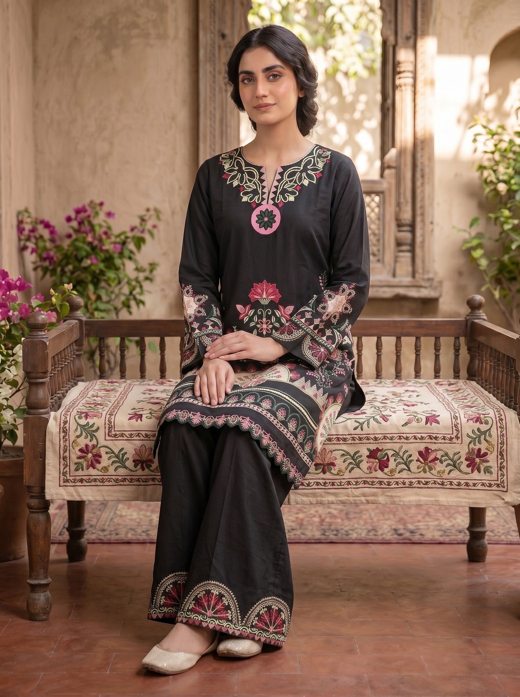 Aplic 2 Pcs Embroidered Lawn Co-ards Set | Black