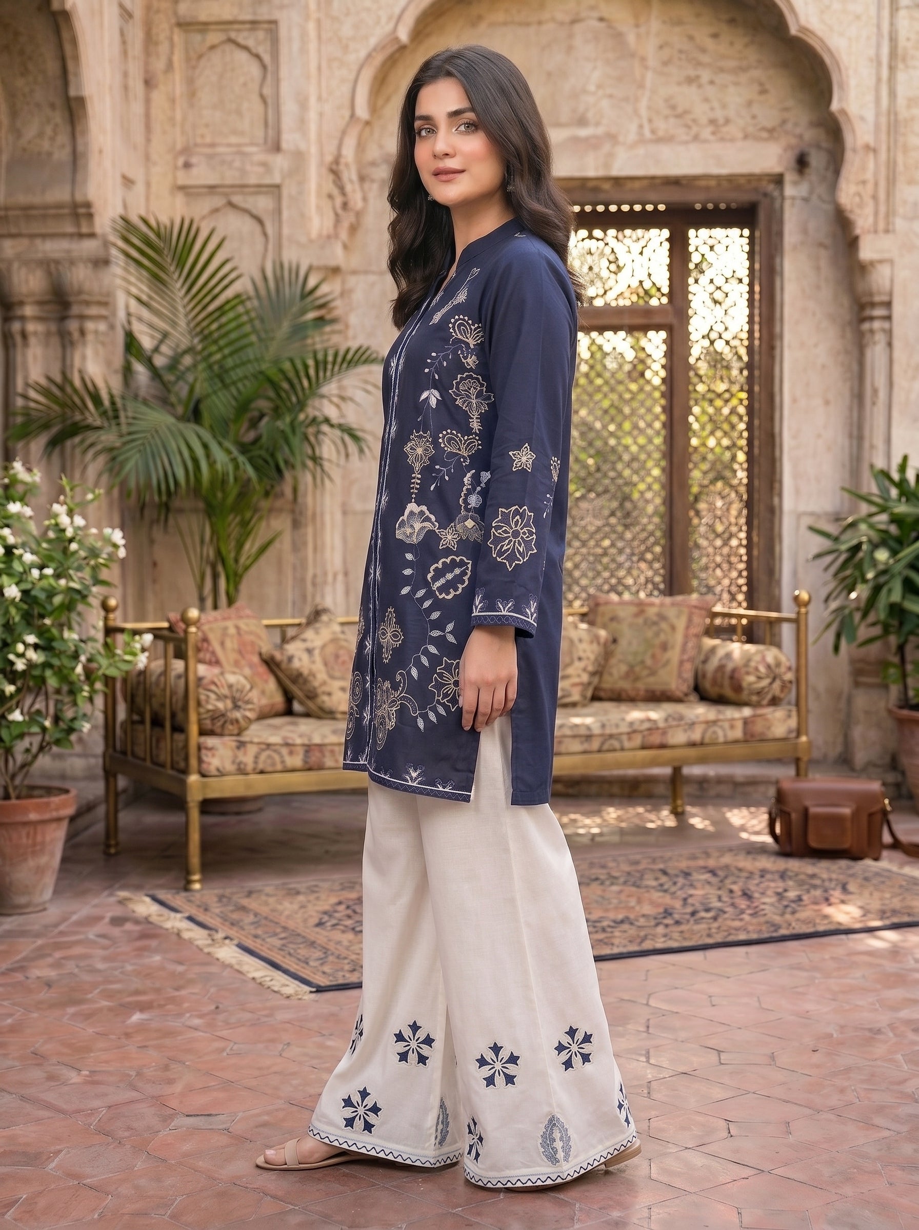 Pine 2 Pcs Embroidered Lawn Co-ards Set | Navy & White