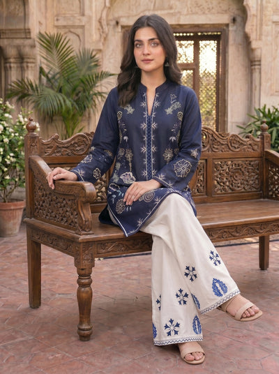 Pine 2 Pcs Embroidered Lawn Co-ards Set | Navy & White