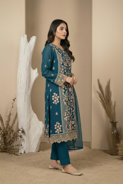 03-Piece Ready-To-Wear Luxury Chiffon Suit – Deep Teal