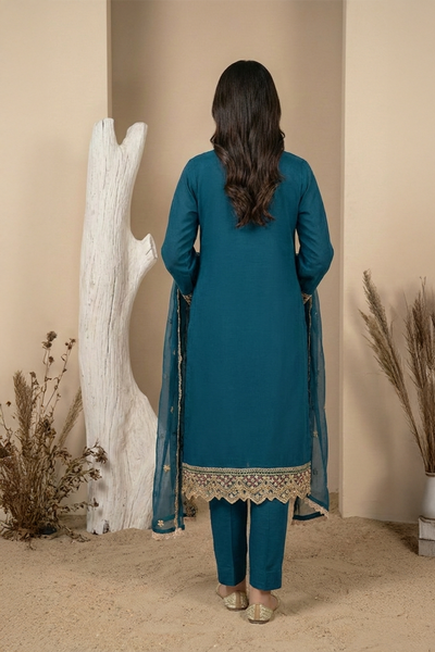 03-Piece Ready-To-Wear Luxury Chiffon Suit – Deep Teal