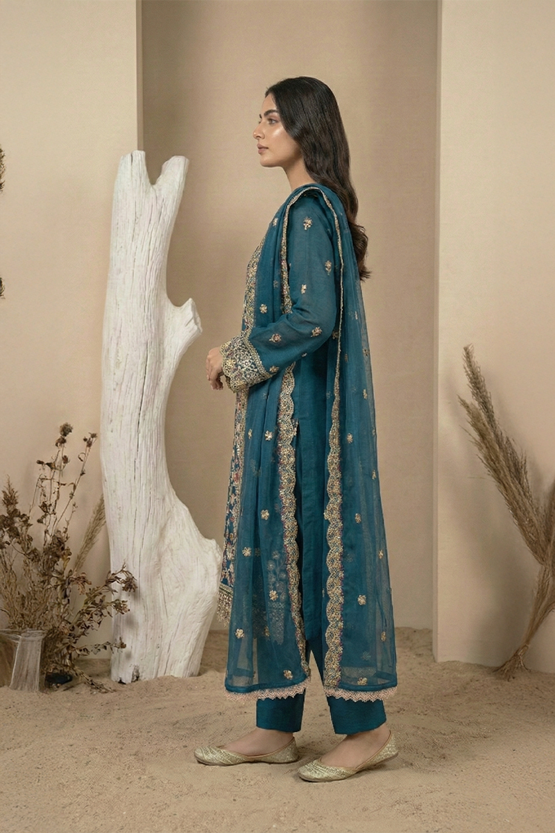 03-Piece Ready-To-Wear Luxury Chiffon Suit – Deep Teal