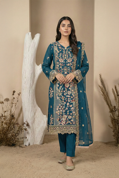03-Piece Ready-To-Wear Luxury Chiffon Suit – Deep Teal