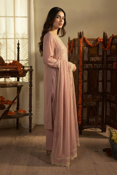 03-Piece Ready-To-Wear Luxury Chiffon Suit – Dusty Rose