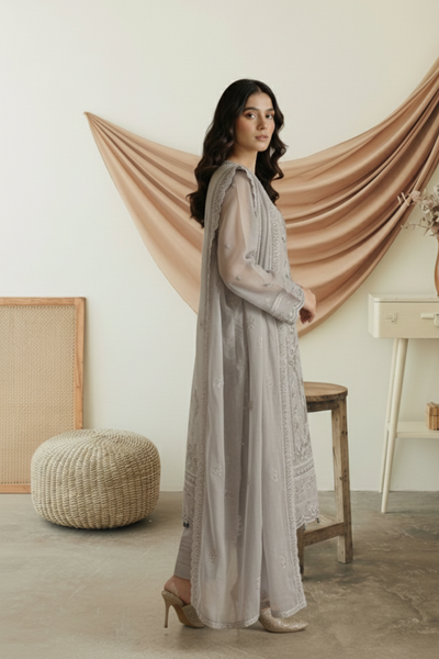 03-Piece Ready-To-Wear Luxury Chiffon Suit – Pearl Grey