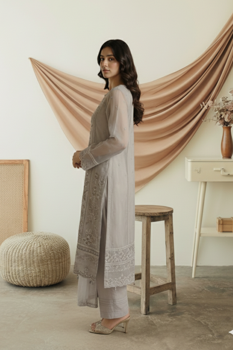 03-Piece Ready-To-Wear Luxury Chiffon Suit – Pearl Grey