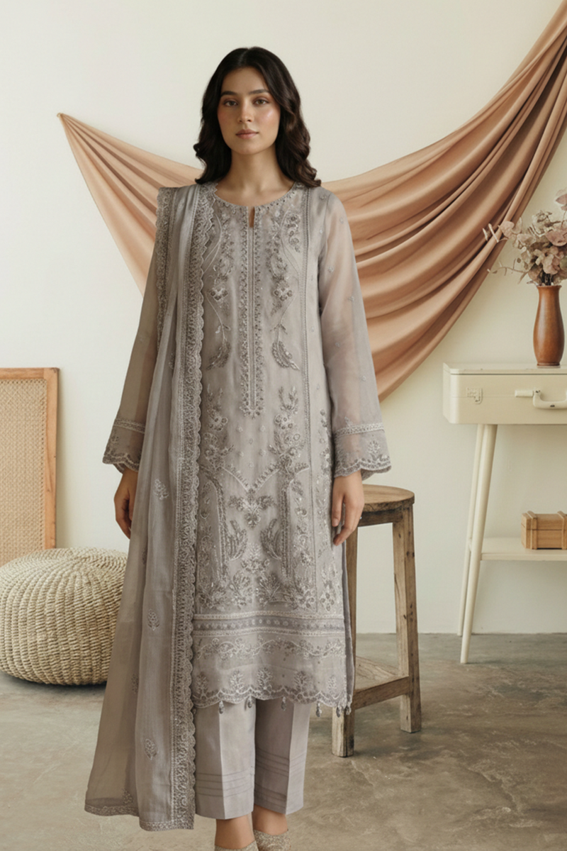 03-Piece Ready-To-Wear Luxury Chiffon Suit – Pearl Grey