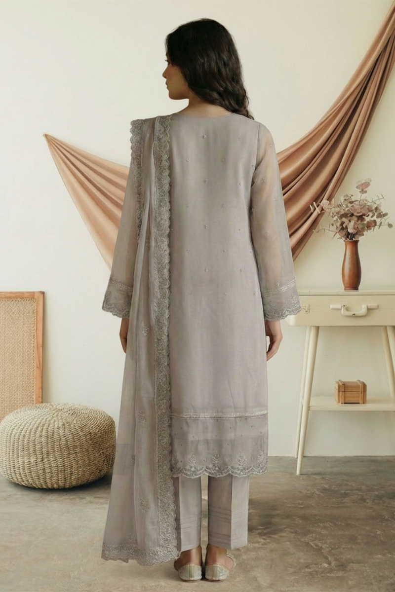 03-Piece Ready-To-Wear Luxury Chiffon Suit – Pearl Grey