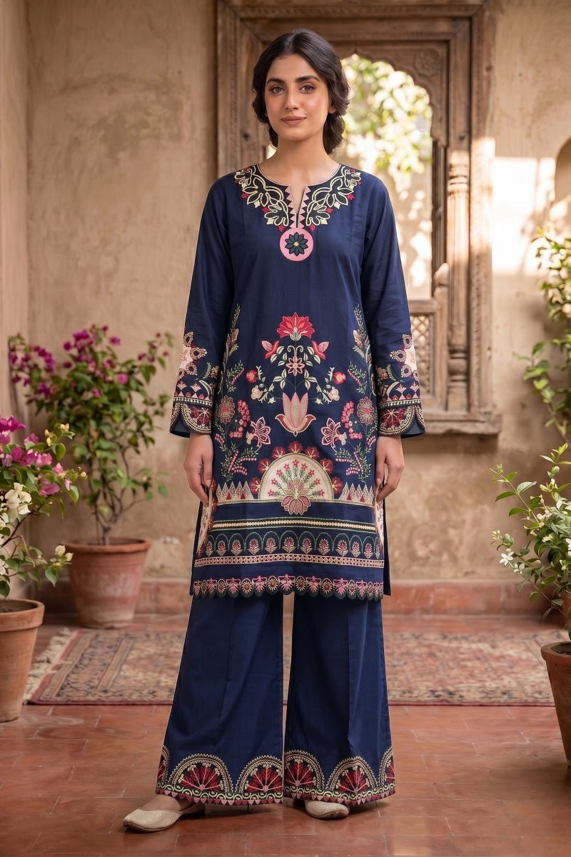 Aplic 2 Pcs Embroidered Lawn Co-ards Set | Navy