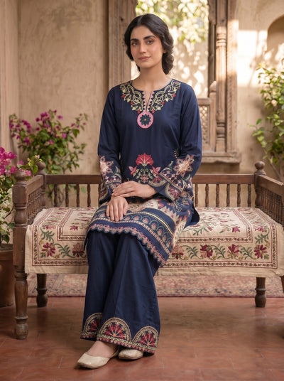Aplic 2 Pcs Embroidered Lawn Co-ards Set | Navy