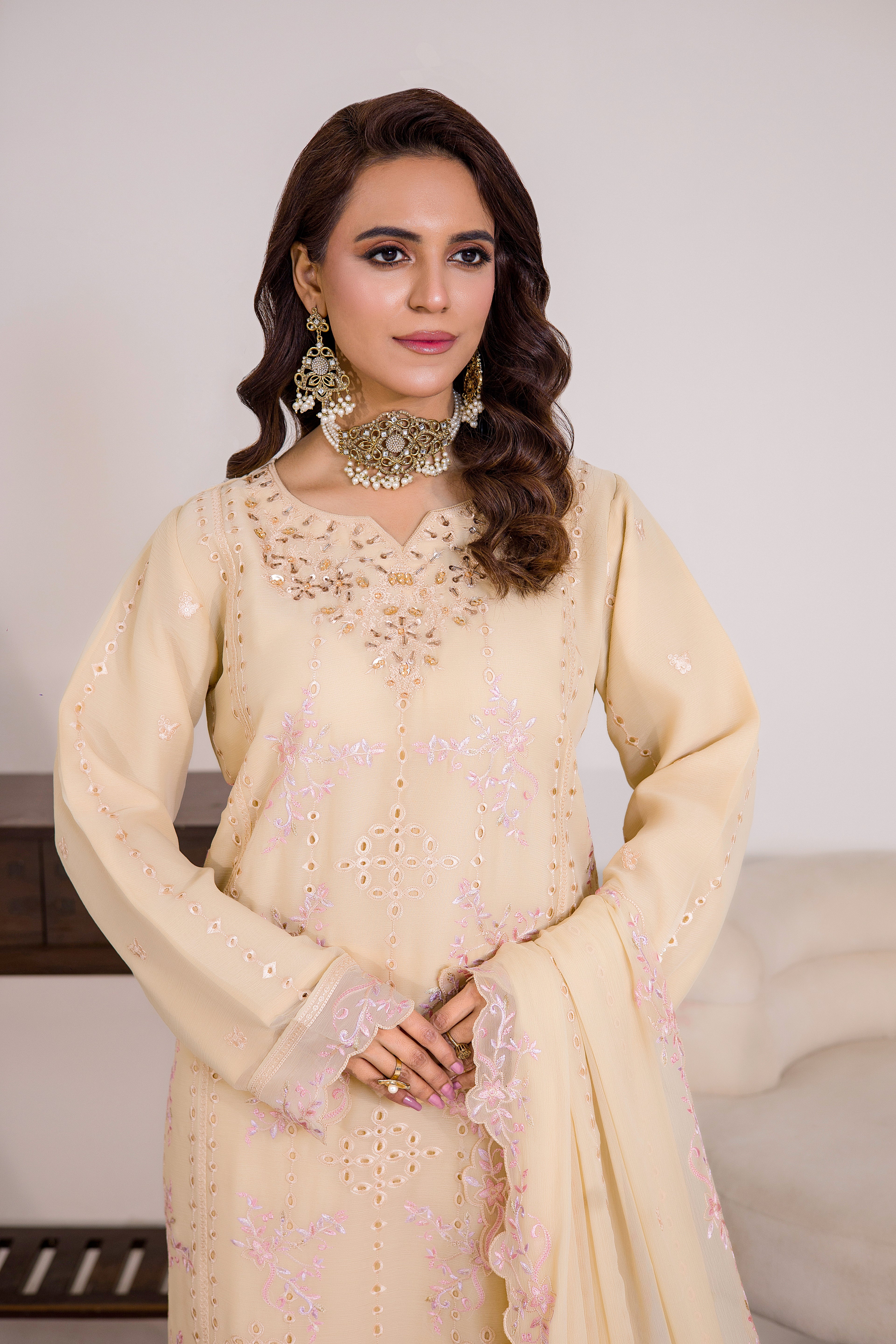 Grace Ready To Wear Luxry Chiffon Dress Soft Cream