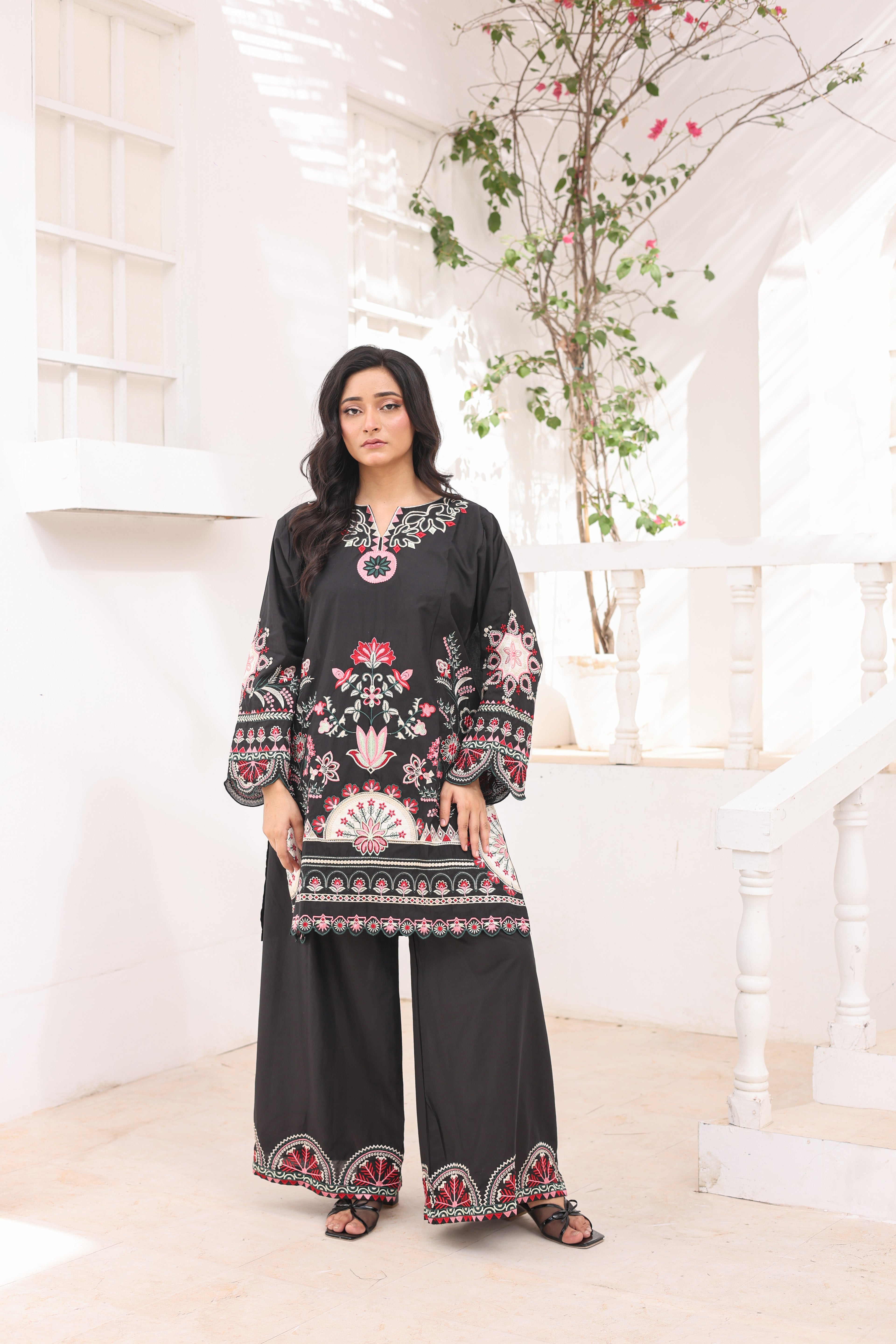 Aplic 2 Pcs Embroidered Lawn Co-ards Set | Black