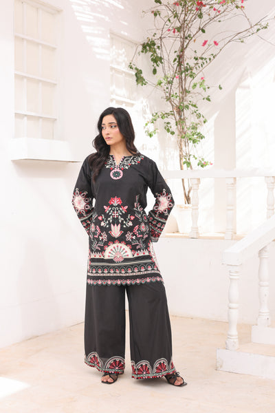 Aplic 2 Pcs Embroidered Lawn Co-ards Set | Black