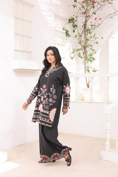 Aplic 2 Pcs Embroidered Lawn Co-ards Set | Black