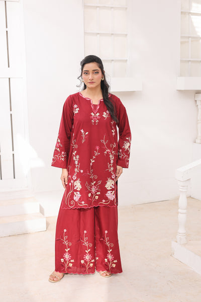 Mish 2 Pcs Embroidered Lawn Co-ards Set Maroon
