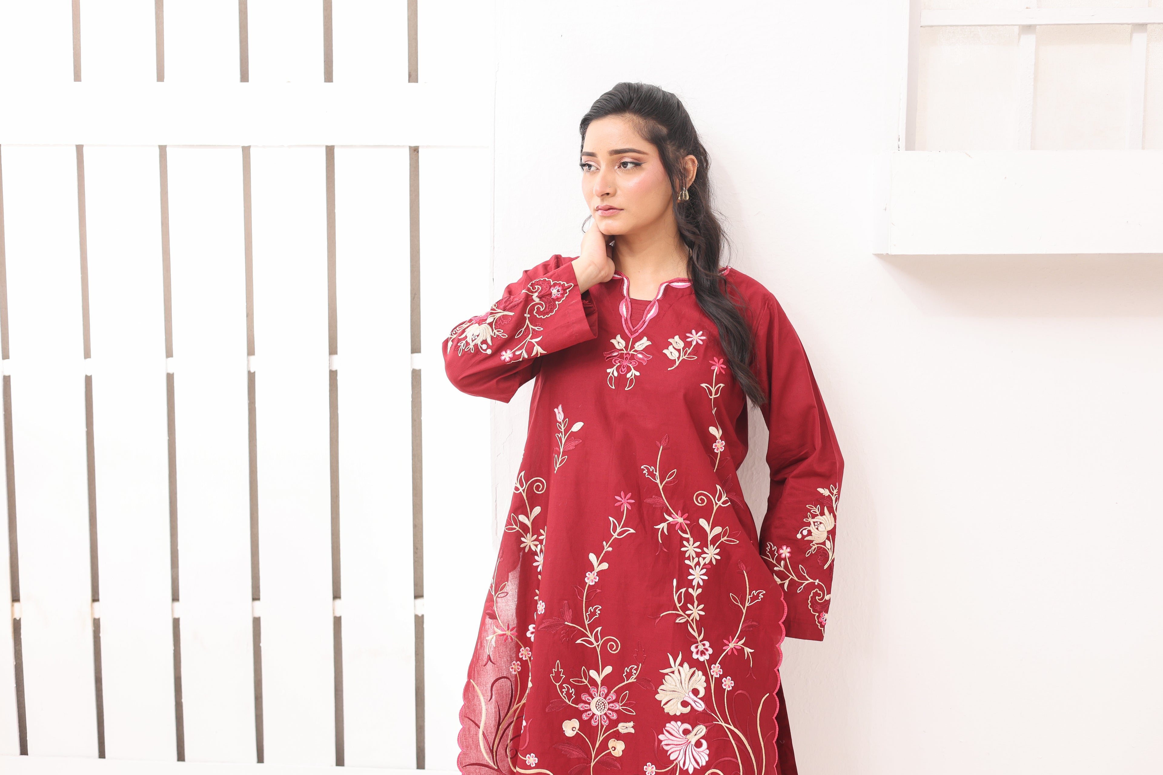 Mish 2 Pcs Embroidered Lawn Co-ards Set Maroon