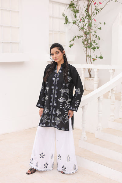 Pine 2 Pcs Embroidered Lawn Co-ards Set | Black & Off-White