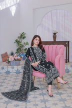 03-Piece Mahpara Embroidered Black Chiffon Suit