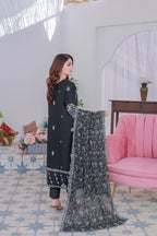 03-Piece Mahpara Embroidered Black Chiffon Suit