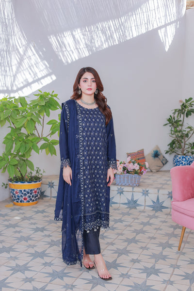 Mahpara 03-Piece Embroidered Blue Chiffon Suit