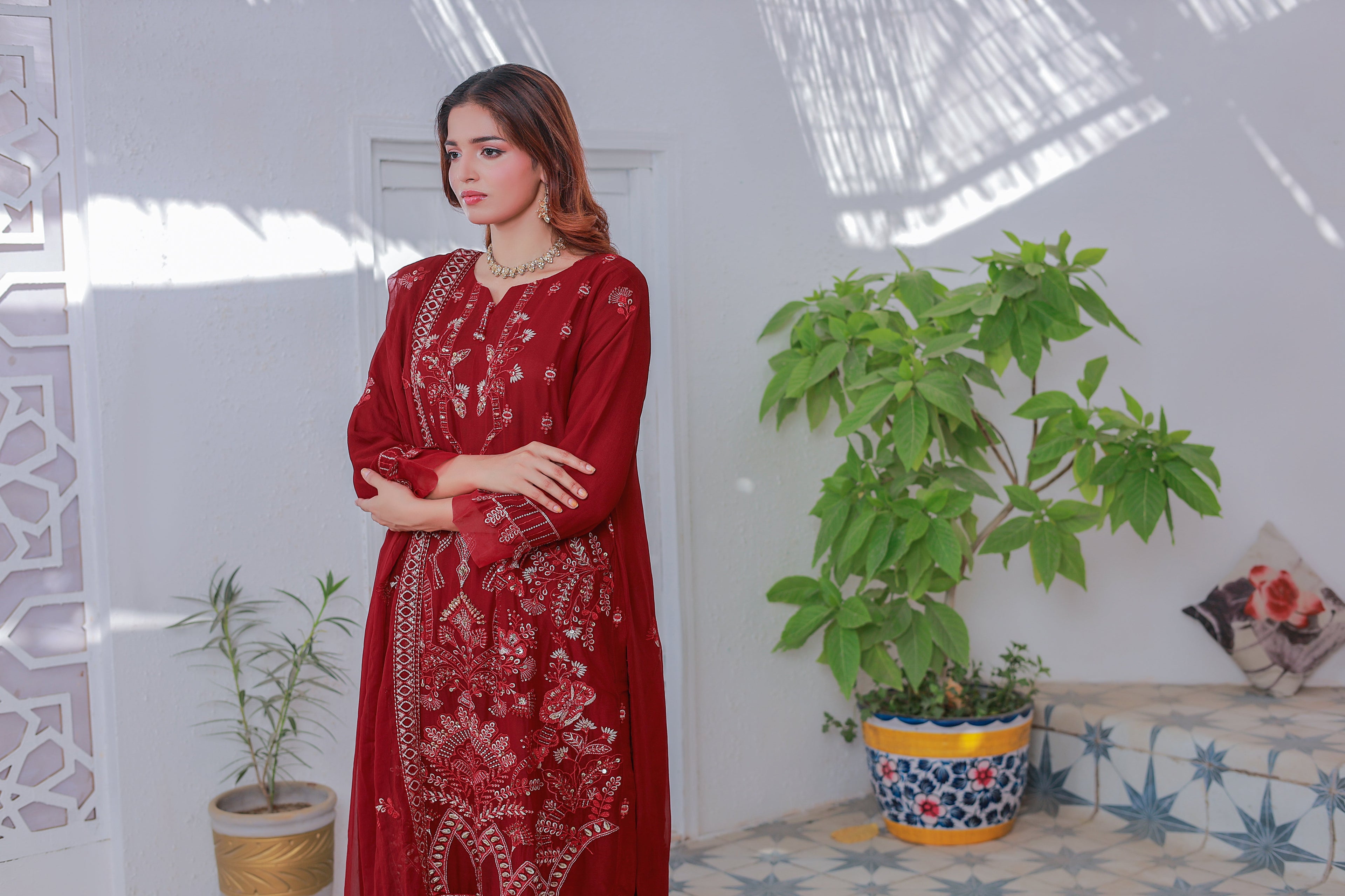 Mahpara 03-Piece Embroidered Red Chiffon Suit