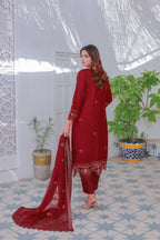 Mahpara 03-Piece Embroidered Red Chiffon Suit
