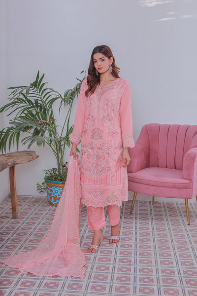 Mahpara 03-Piece Embroidered Pink Chiffon Suit