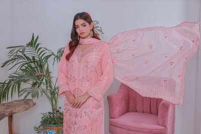 Mahpara 03-Piece Embroidered Pink Chiffon Suit
