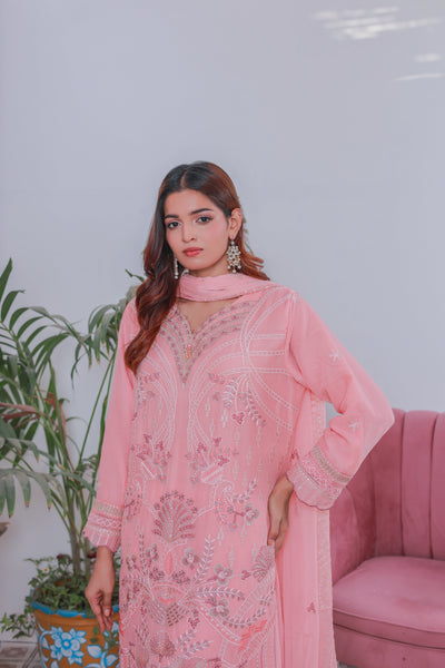 Mahpara 03-Piece Embroidered Pink Chiffon Suit
