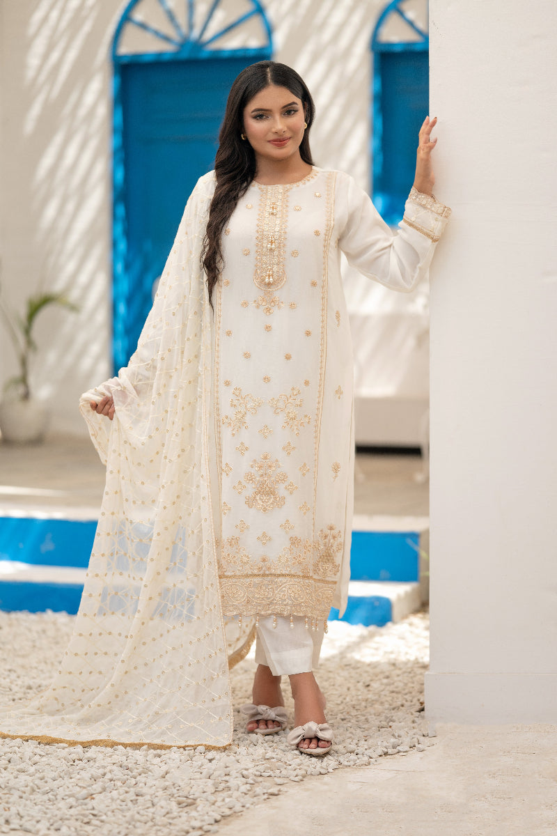 03-Piece Anabiya Semi Stitched Chiffon Suit White
