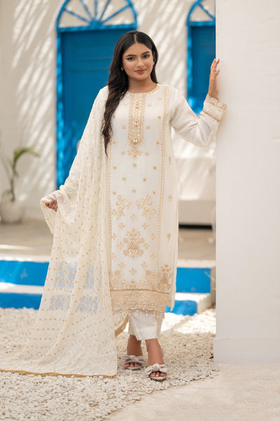 03-Piece Anabiya Semi Stitched Chiffon Suit White