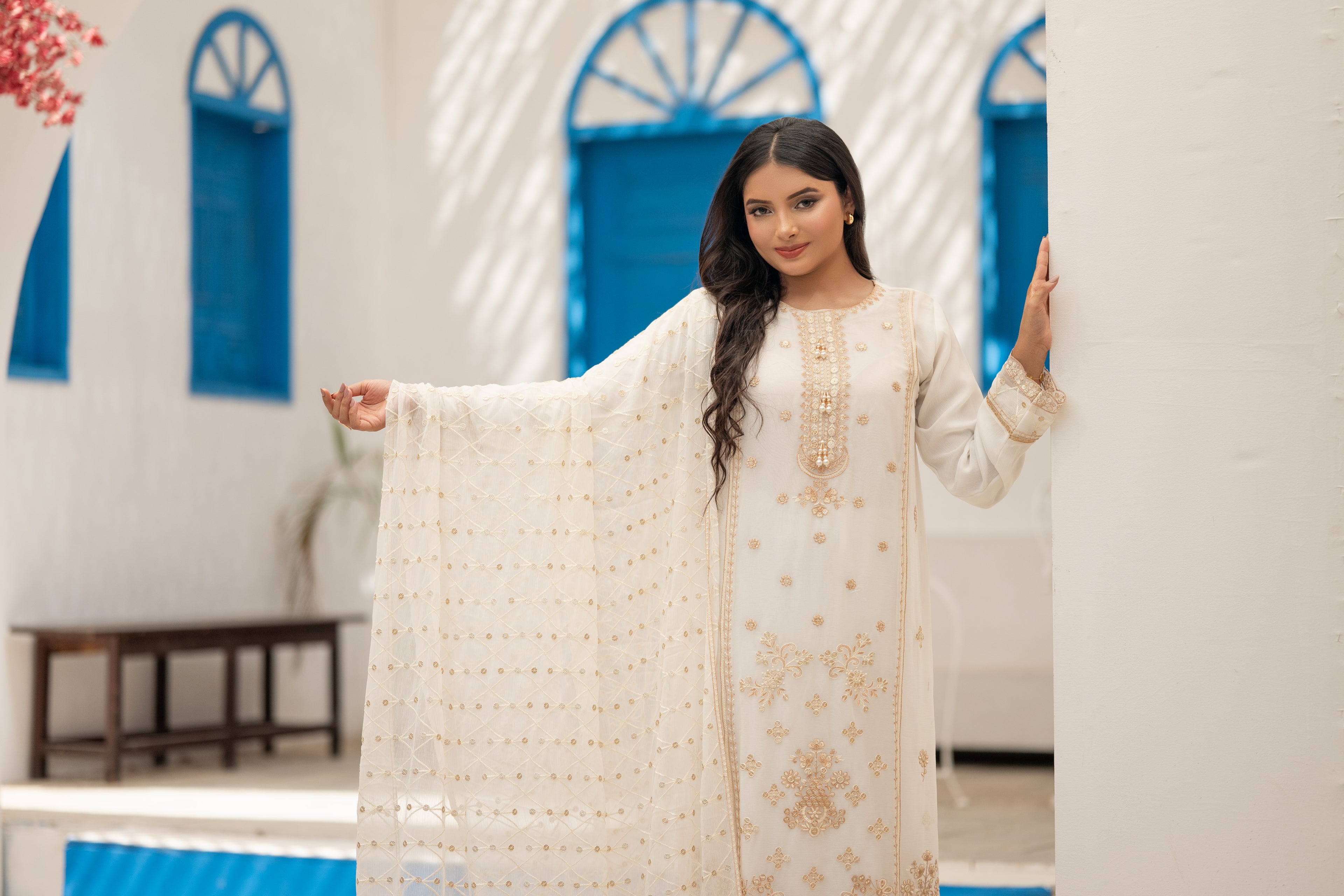 03-Piece Anabiya Semi Stitched Chiffon Suit White