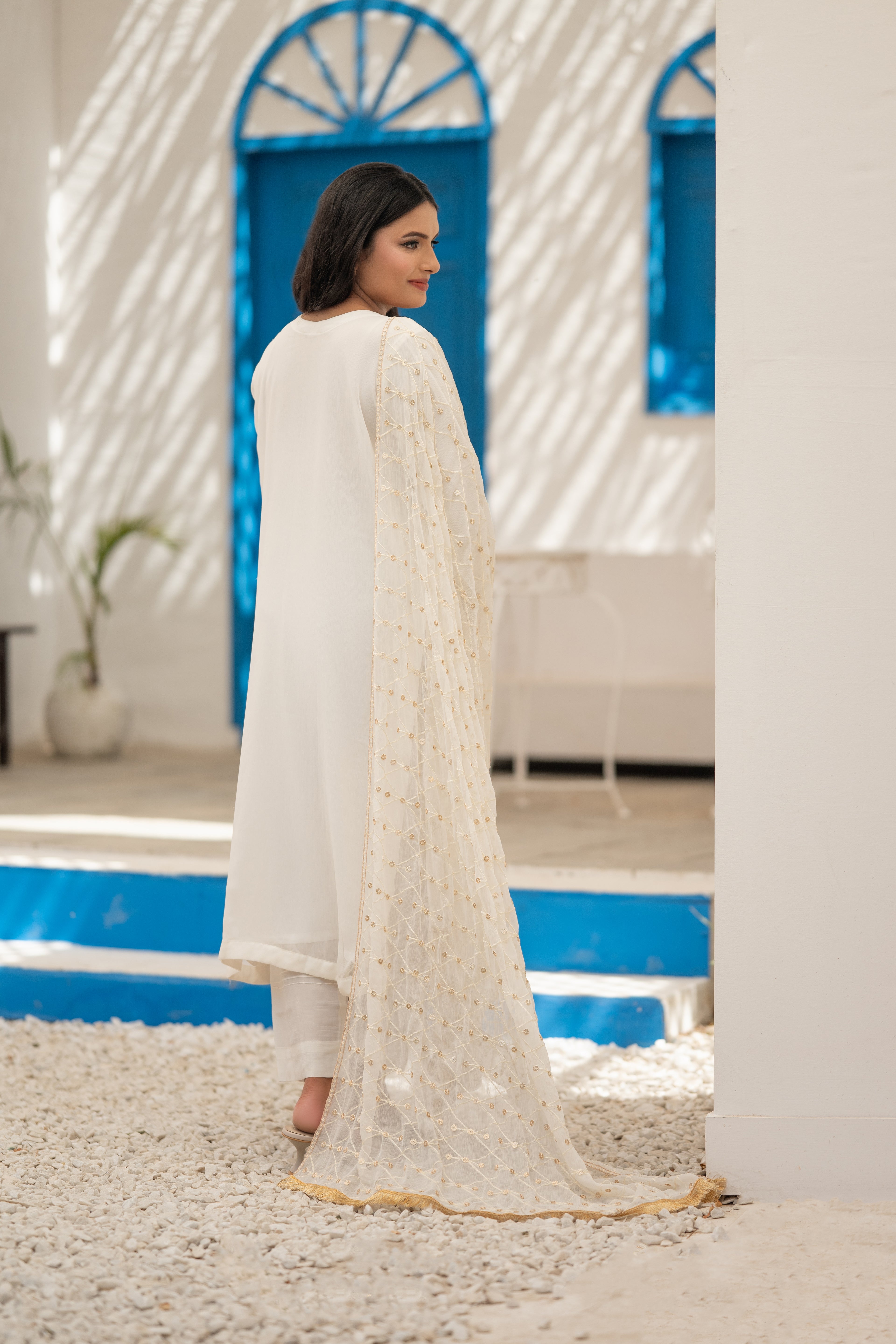 03-Piece Anabiya Semi Stitched Chiffon Suit White