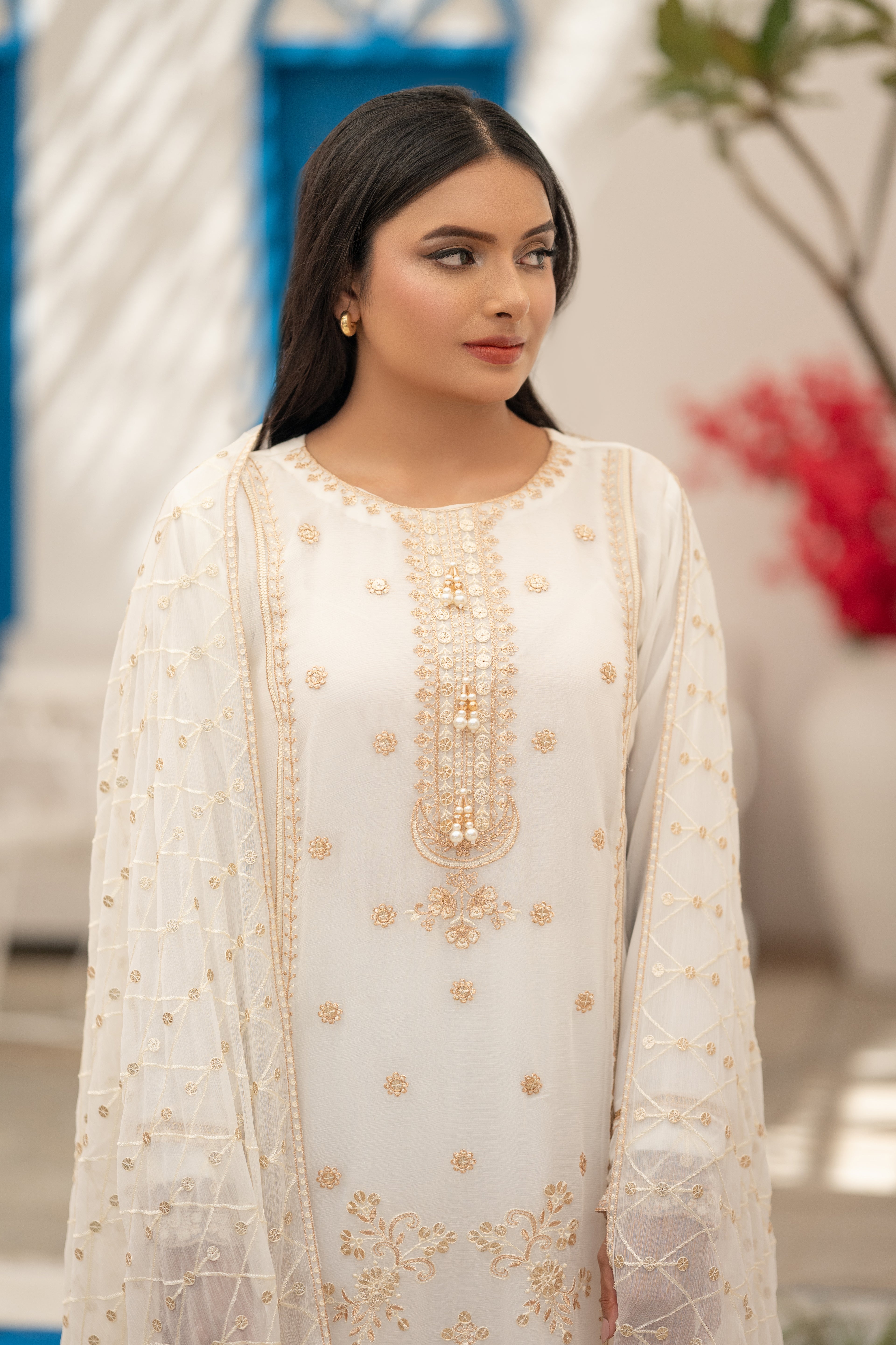 03-Piece Anabiya Semi Stitched Chiffon Suit White