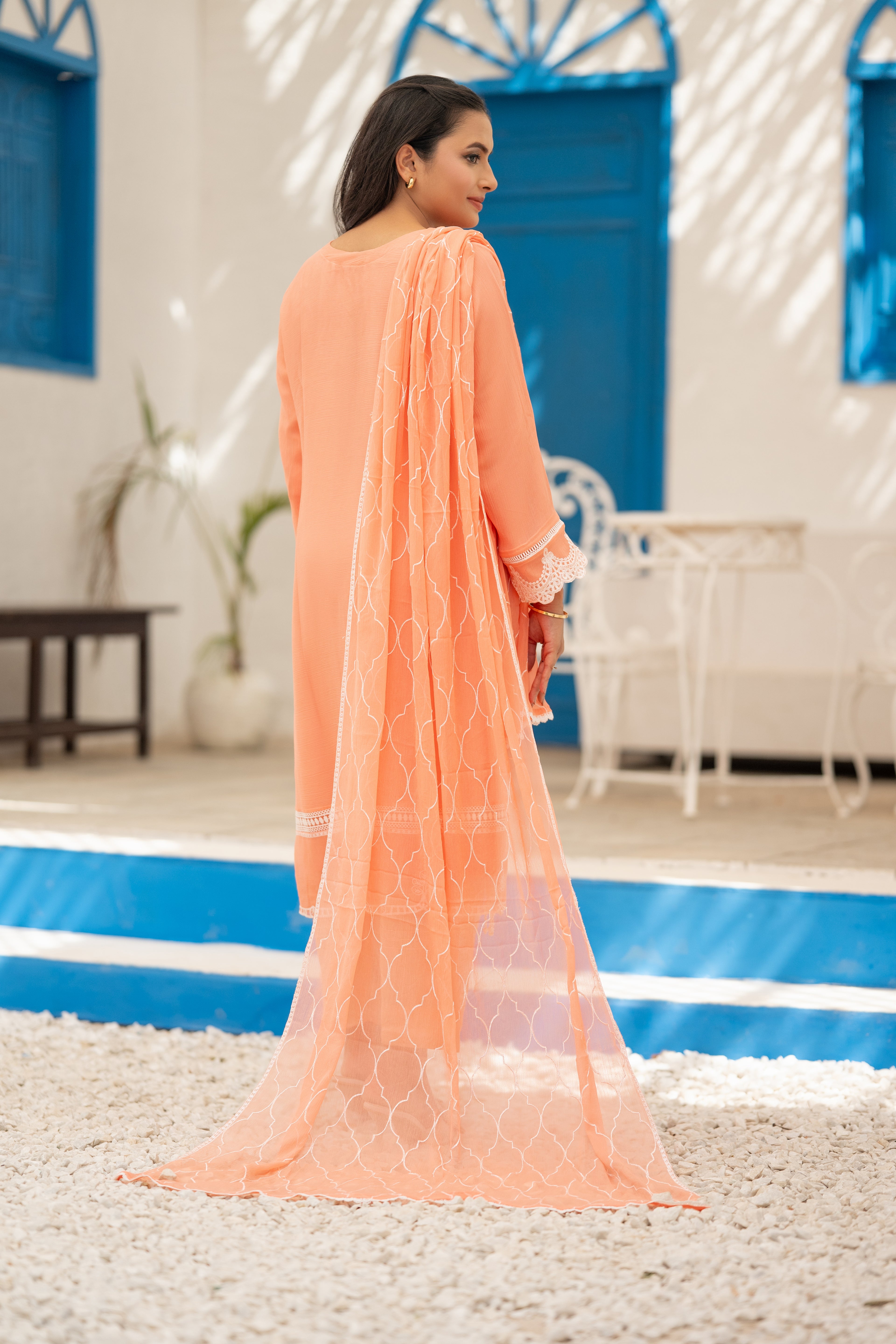 03-Piece Anabiya Semi Stitched Chiffon Suit Peach