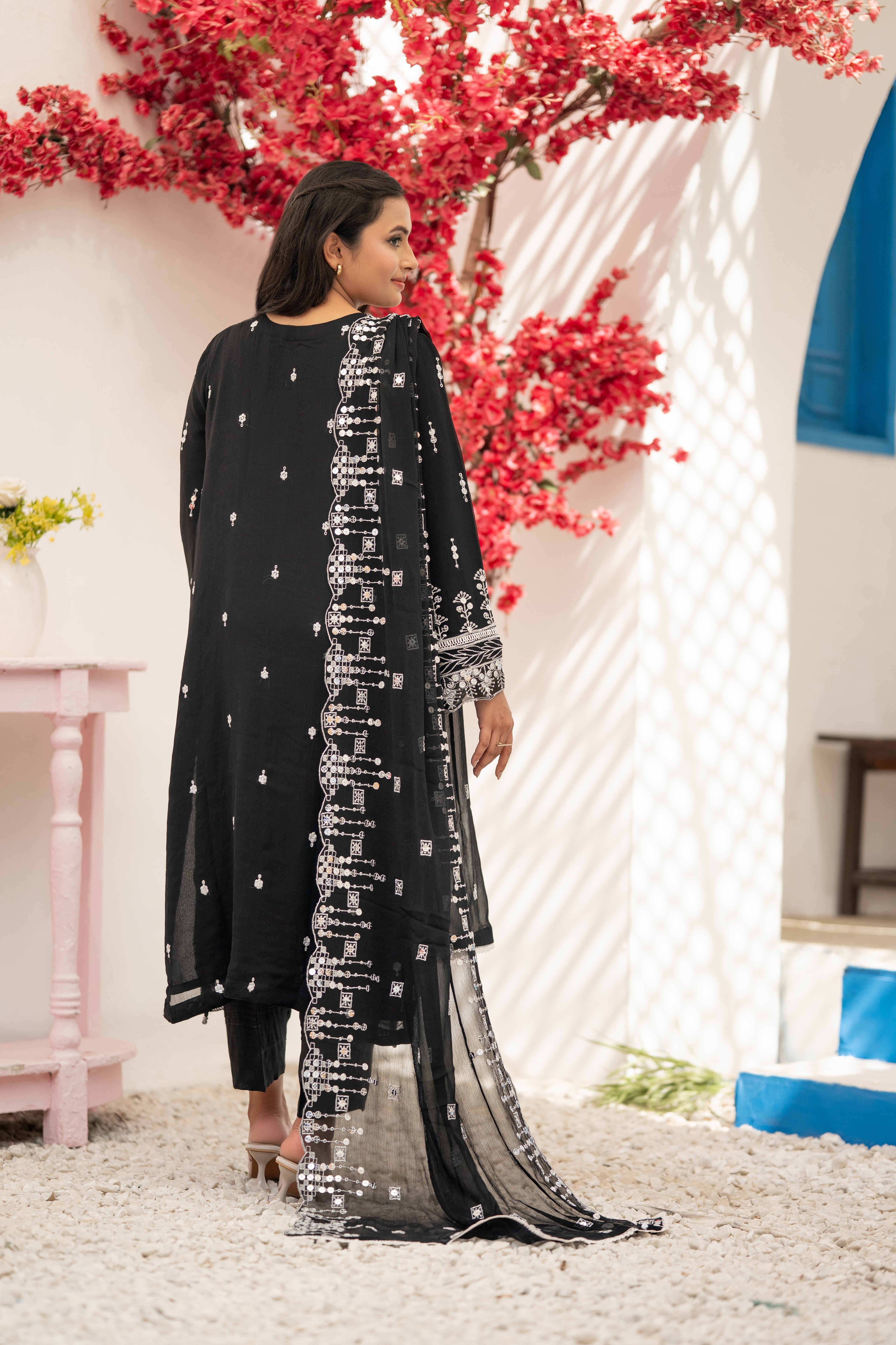 03-Piece Anabiya Semi Stitched Chiffon Suit Black