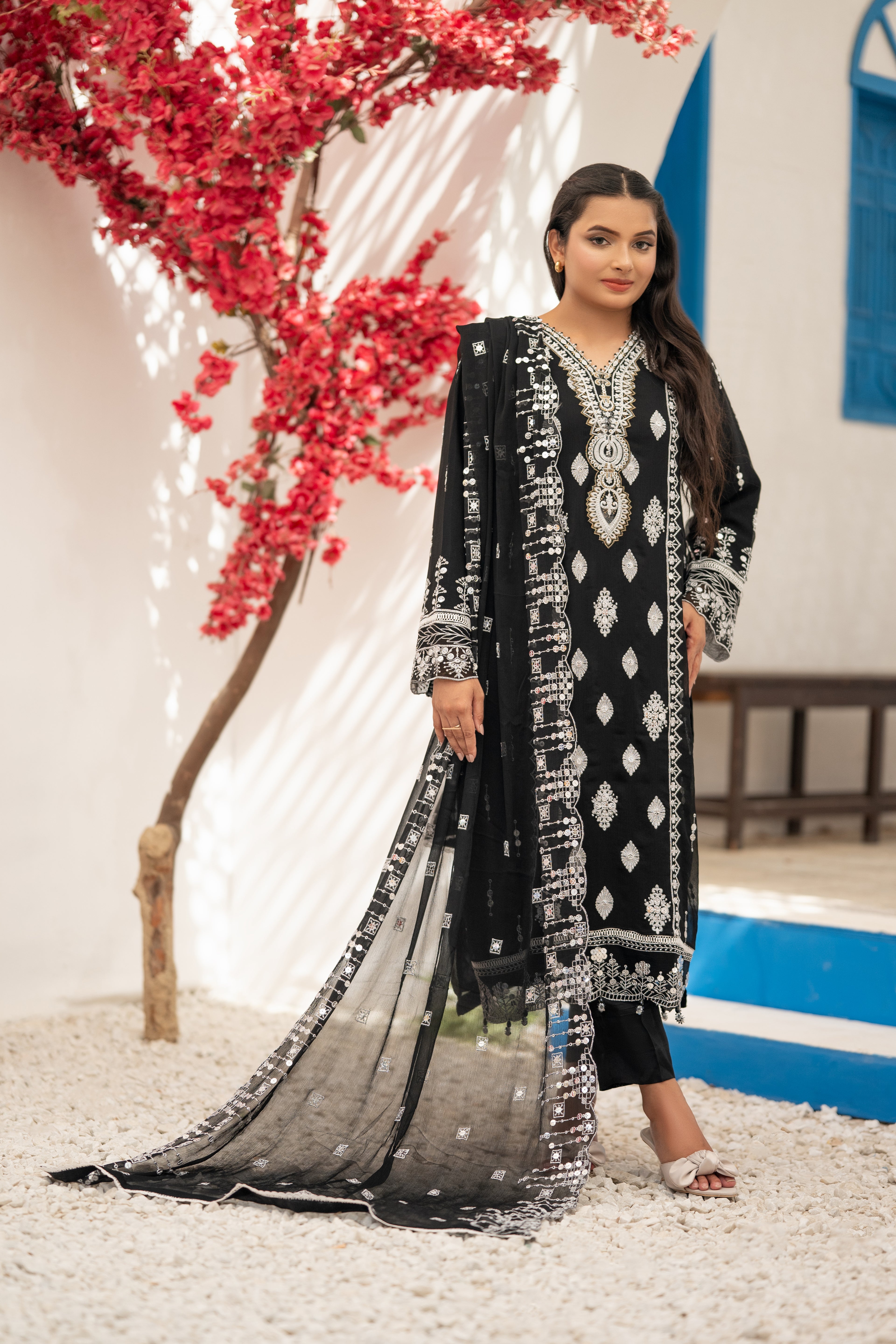 03-Piece Anabiya Semi Stitched Chiffon Suit Black