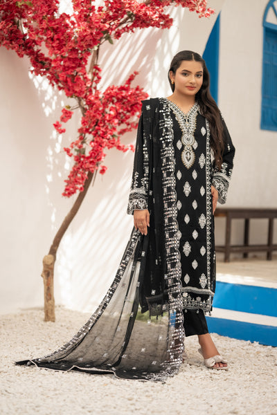 03-Piece Anabiya Semi Stitched Chiffon Suit Black