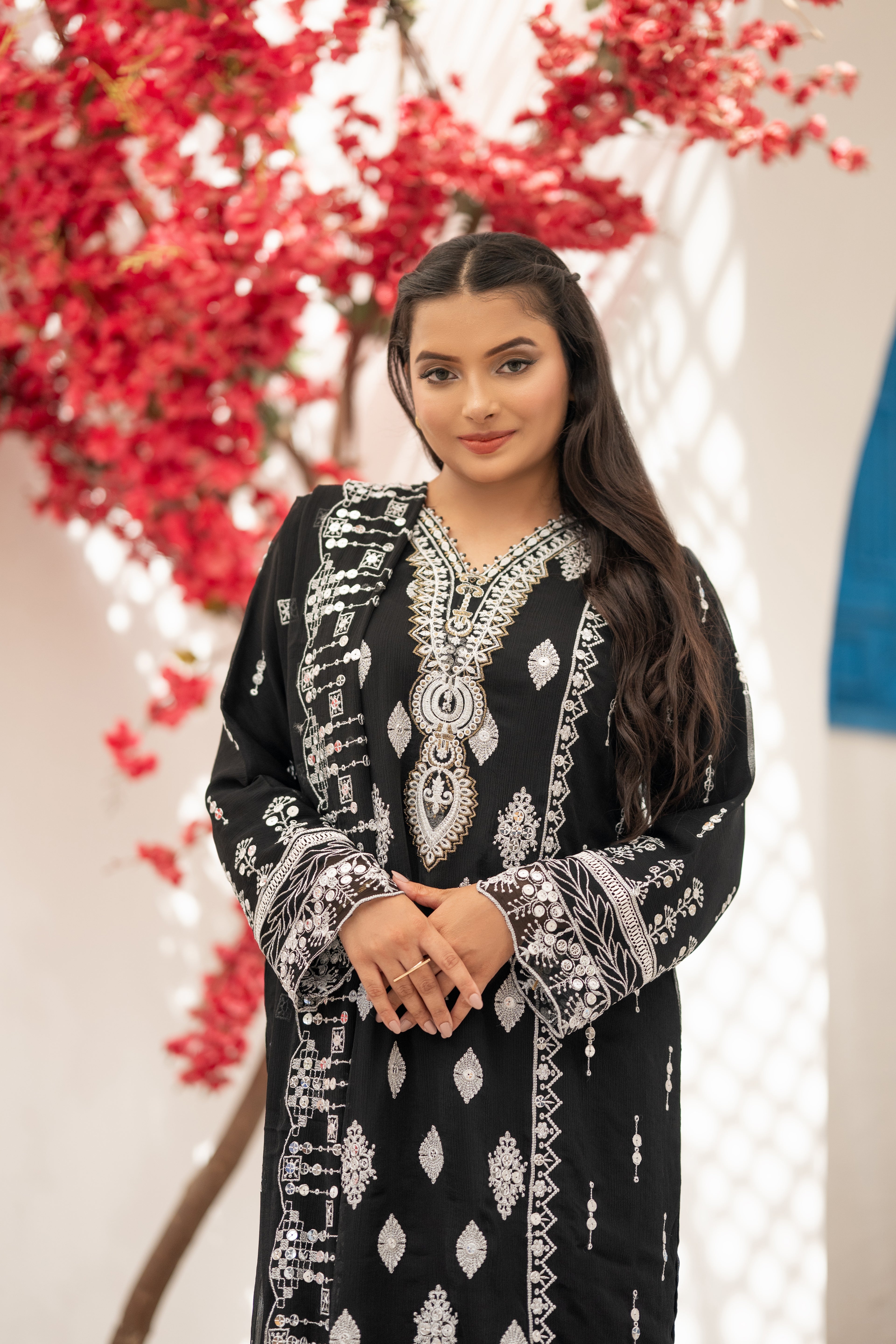 03-Piece Anabiya Semi Stitched Chiffon Suit Black