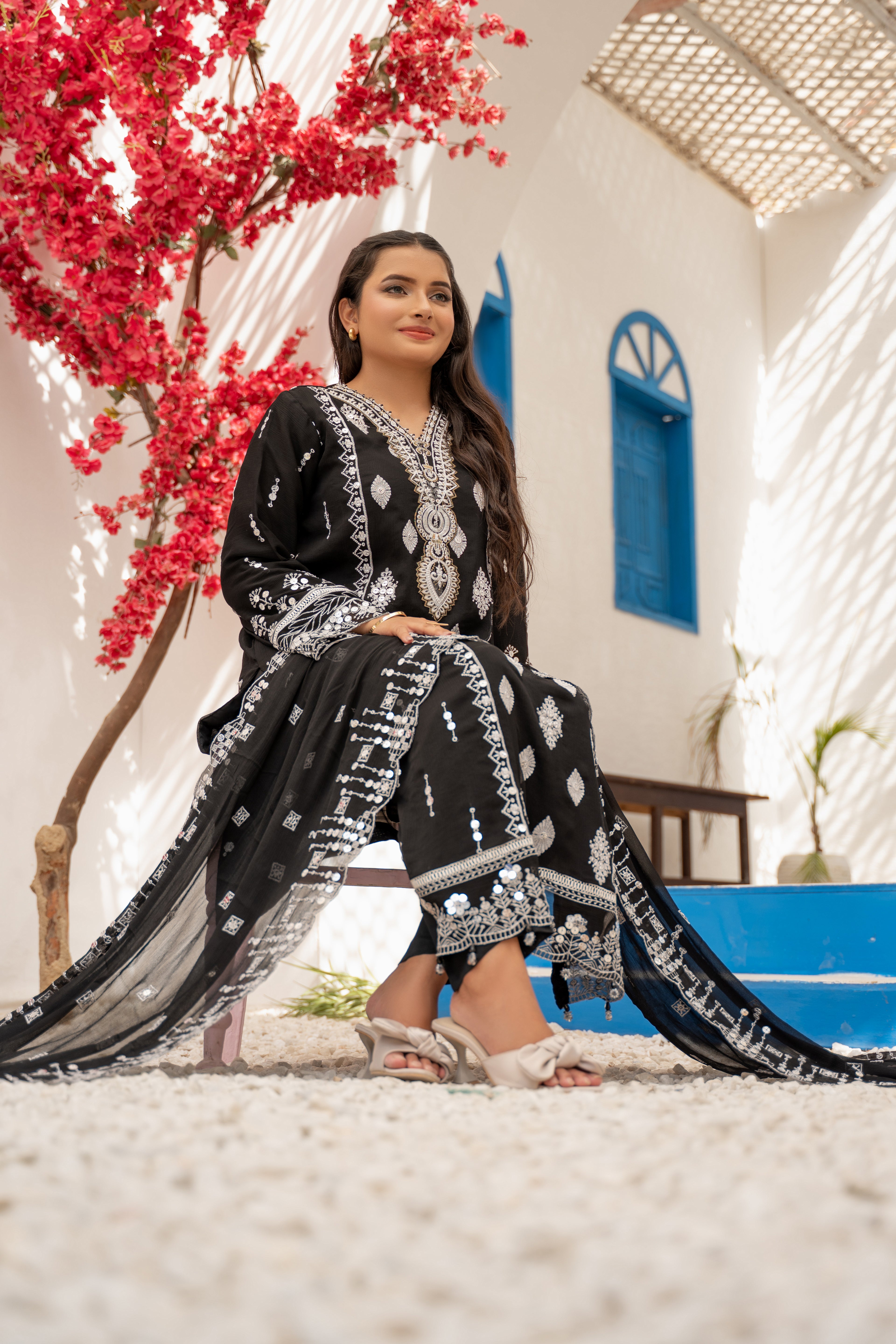 03-Piece Anabiya Semi Stitched Chiffon Suit Black