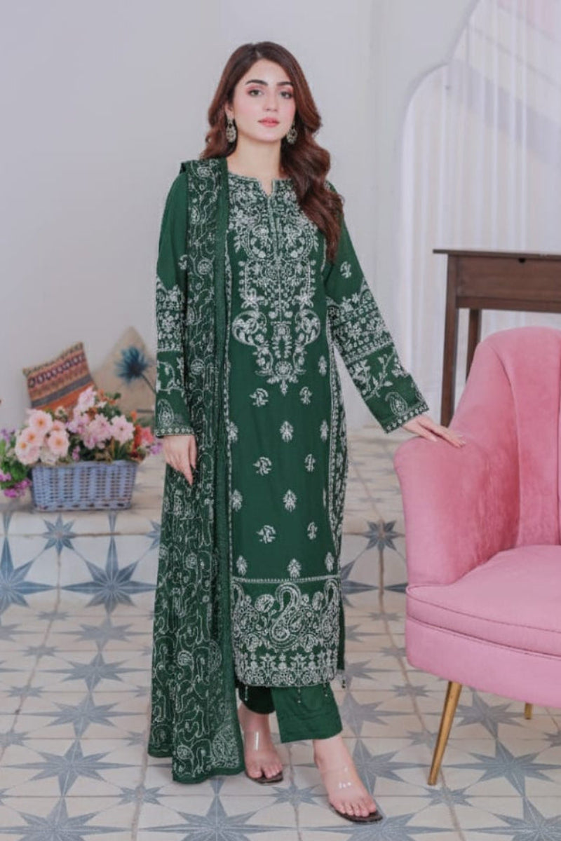 Mahpara 03-Piece Embroidered Green Chiffon Suit