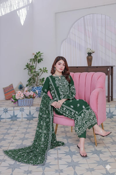 Mahpara 03-Piece Embroidered Green Chiffon Suit