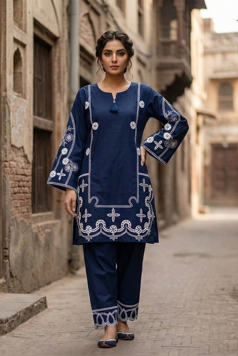 2 Piece Stitched Blue Lawn suit -Ready  to wear
