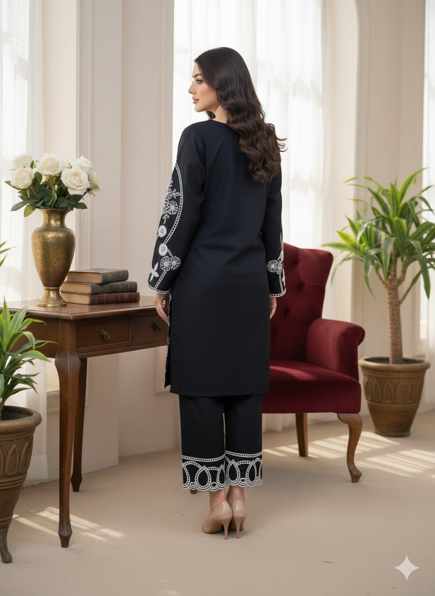 2 Piece Stitched Black Lawn suit -Ready  to wear