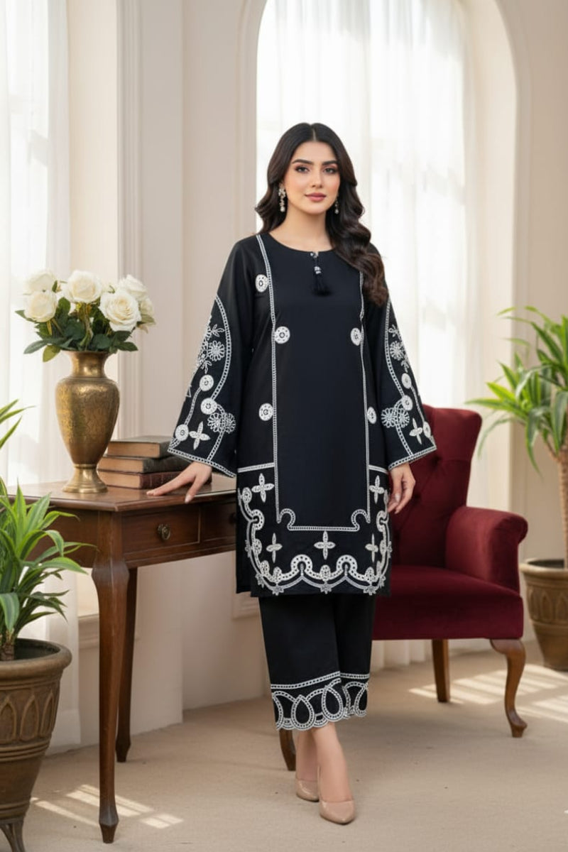 2 Piece Stitched Black Lawn suit -Ready  to wear