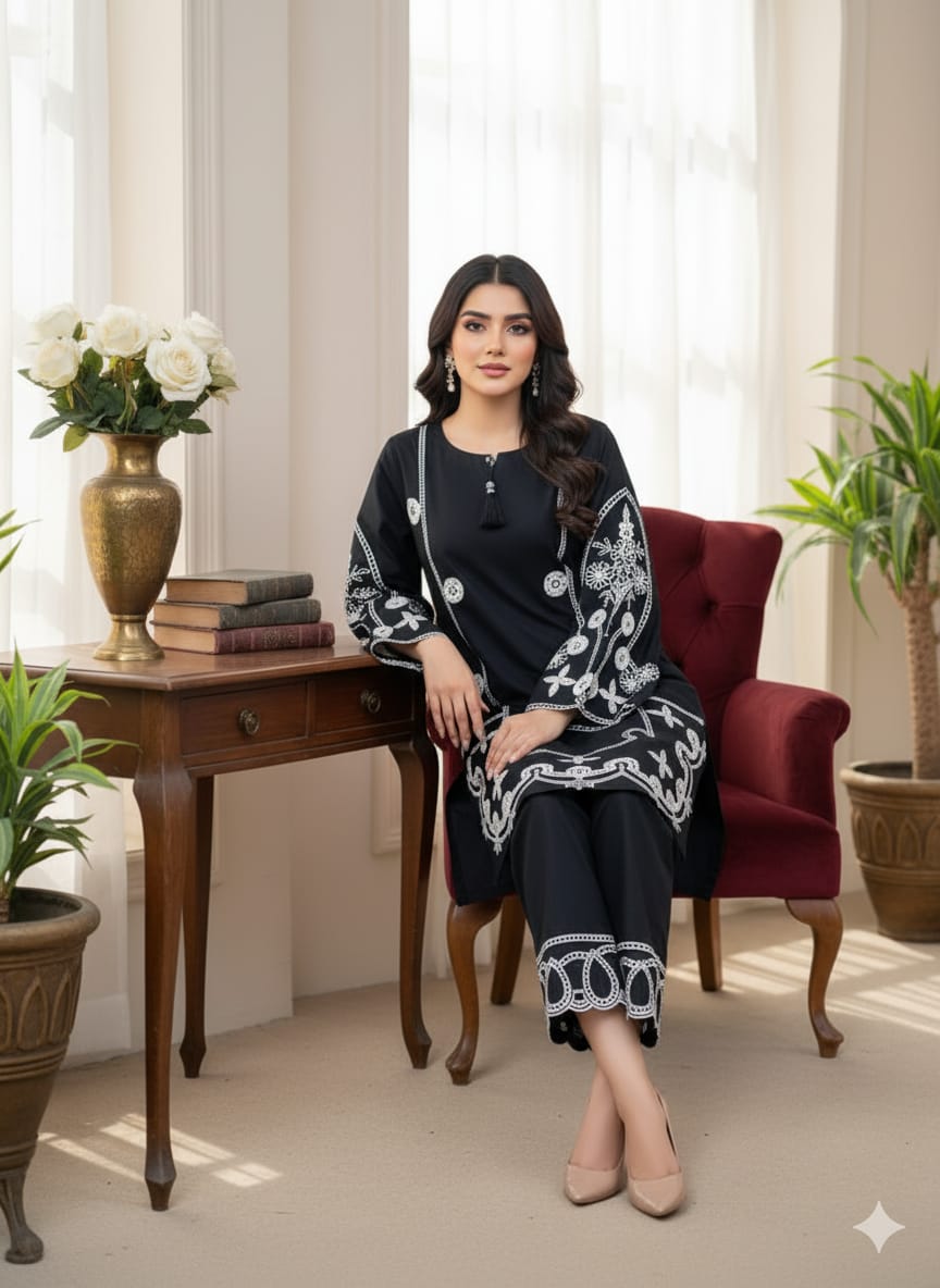 2 Piece Stitched Black Lawn suit -Ready  to wear