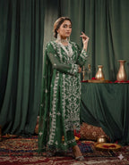 03-Piece Embroidered  Dark Green Chiffon Suit